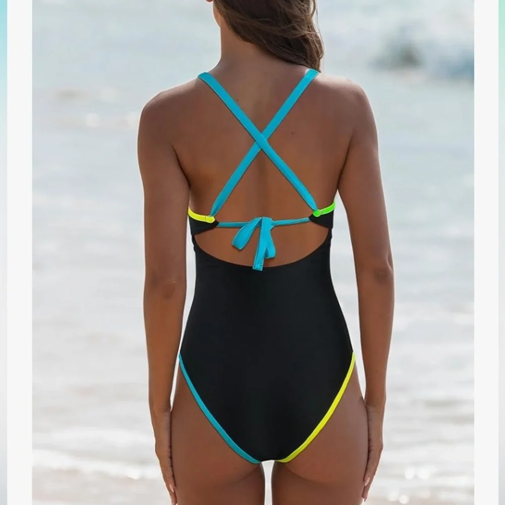 Women's One Piece Neon Color Block Swimsuits Tummy Control Swimwear Deep V Neck - Picture 2 of 6